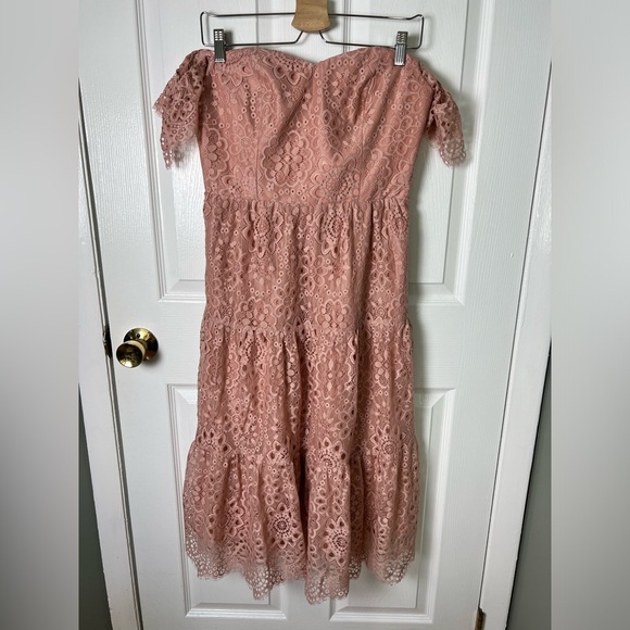 Dress The Population River Lace Off The Shoulder Blush Midi Dress L - Picture 2 of 8